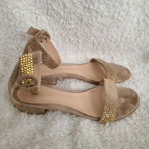 Gianvito Tan Suede Rhinestone‎ Embellished Ankle Strap Sandals sz 39